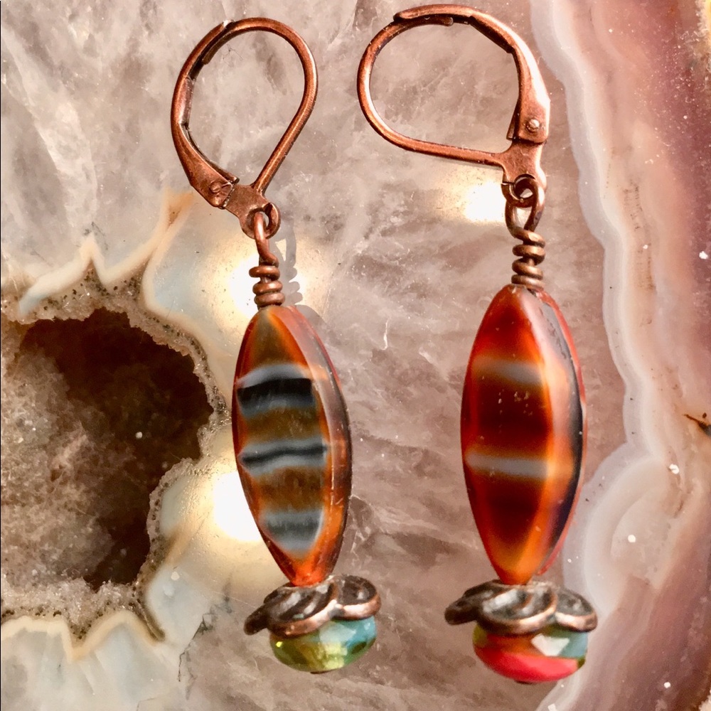 Colorful fired Czech glass earrings 🔥